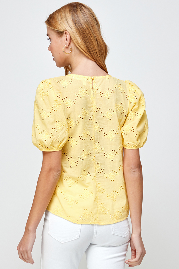 Allover Eyelet Top With Puff Sleeve Available by Angela Fashion